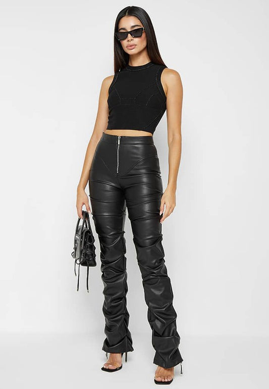 High Waist Ruch-Leg Vegan Leather Pants - Black