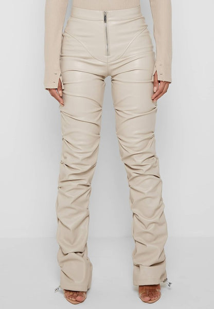 High Waist Ruche-Leg Vegan Leather Pants - Cream