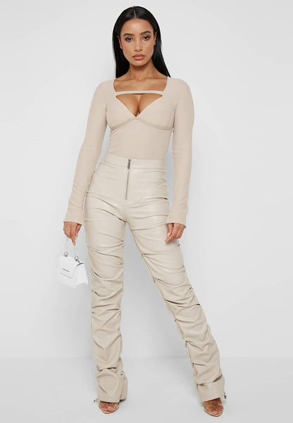 High Waist Ruche-Leg Vegan Leather Pants - Cream