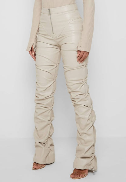 High Waist Ruche-Leg Vegan Leather Pants - Cream