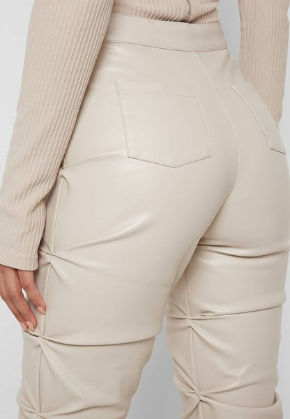 High Waist Ruche-Leg Vegan Leather Pants - Cream