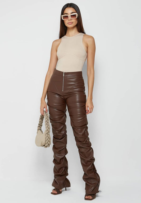 High Waist Ruche-Leg Vegan Leather Pants - Brown