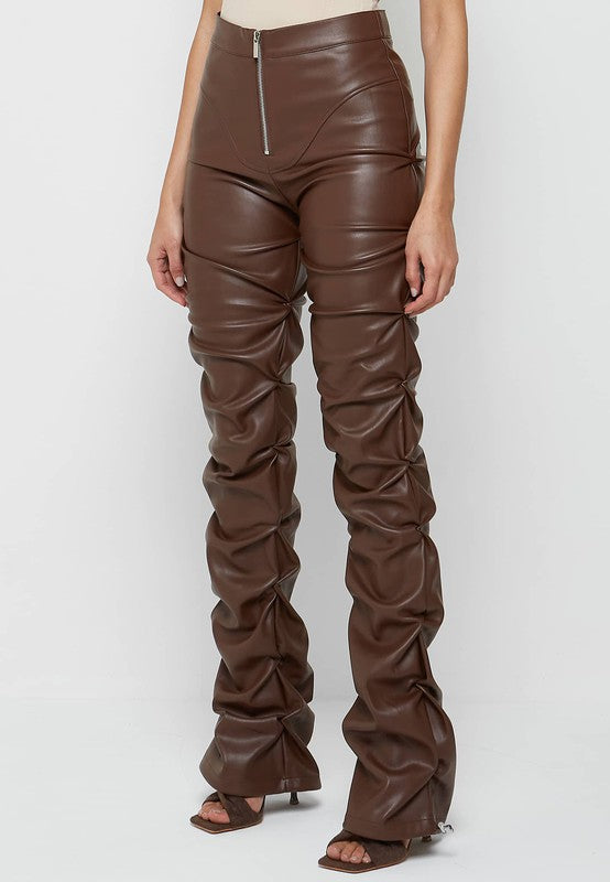 High Waist Ruche-Leg Vegan Leather Pants - Brown