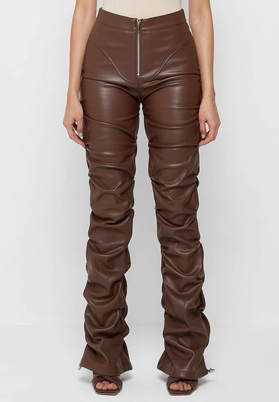 High Waist Ruche-Leg Vegan Leather Pants - Brown