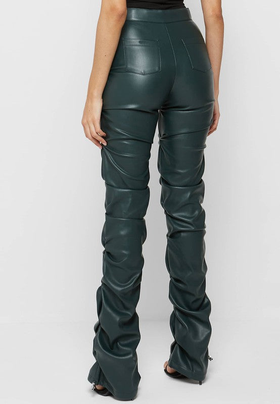 High Waist Ruche-Leg Vegan Leather Pants - Deep Olive