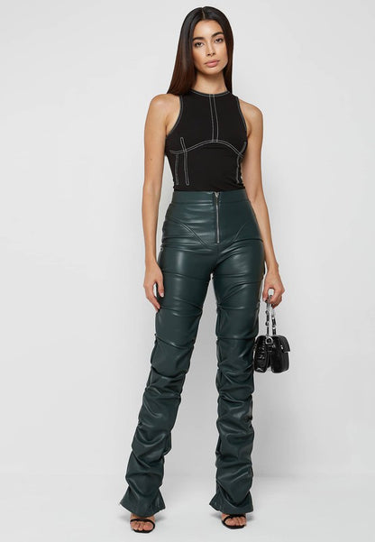 High Waist Ruche-Leg Vegan Leather Pants - Deep Olive