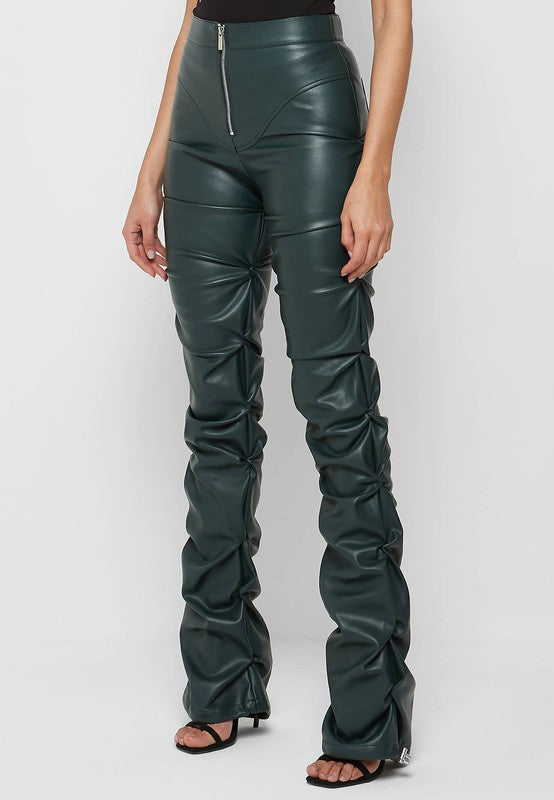 High Waist Ruche-Leg Vegan Leather Pants - Deep Olive