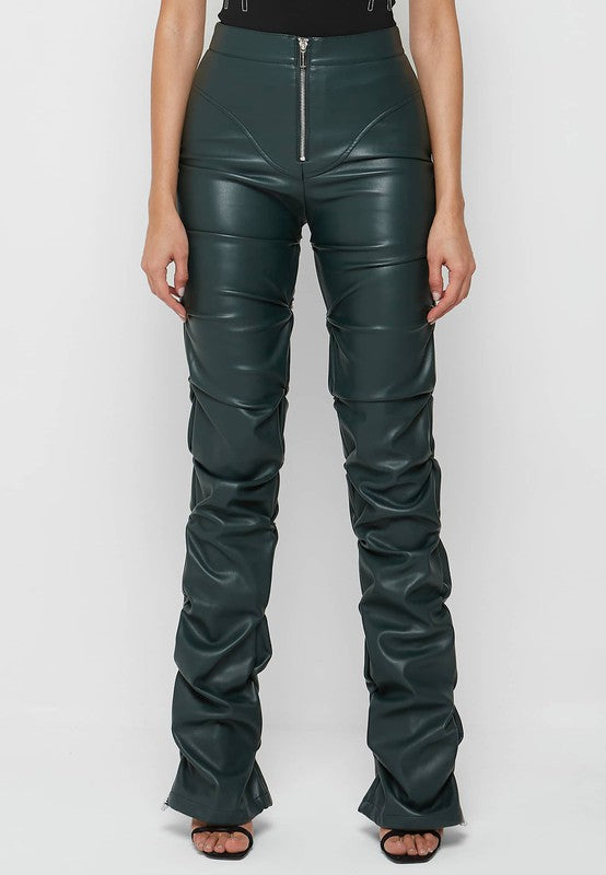 High Waist Ruche-Leg Vegan Leather Pants - Deep Olive