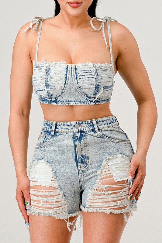 No Strings Attached Distressed Denim Set