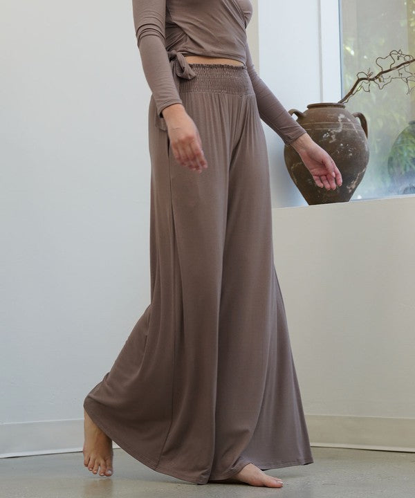 Bamboo Elastic Smock Waist Maxi Palazzo Pant