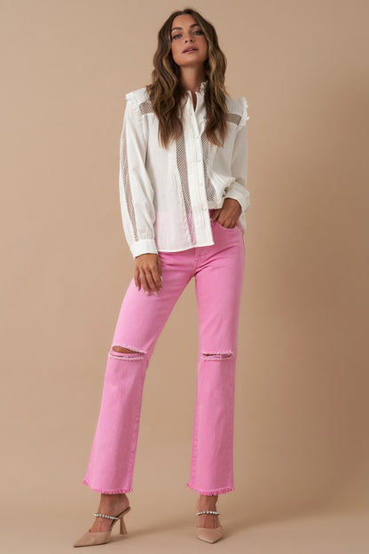 High Rise Slim Straight Denim Jeans - Pink