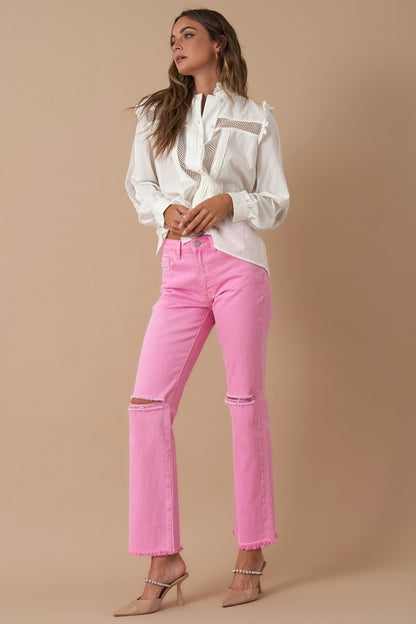 High Rise Slim Straight Denim Jeans - Pink