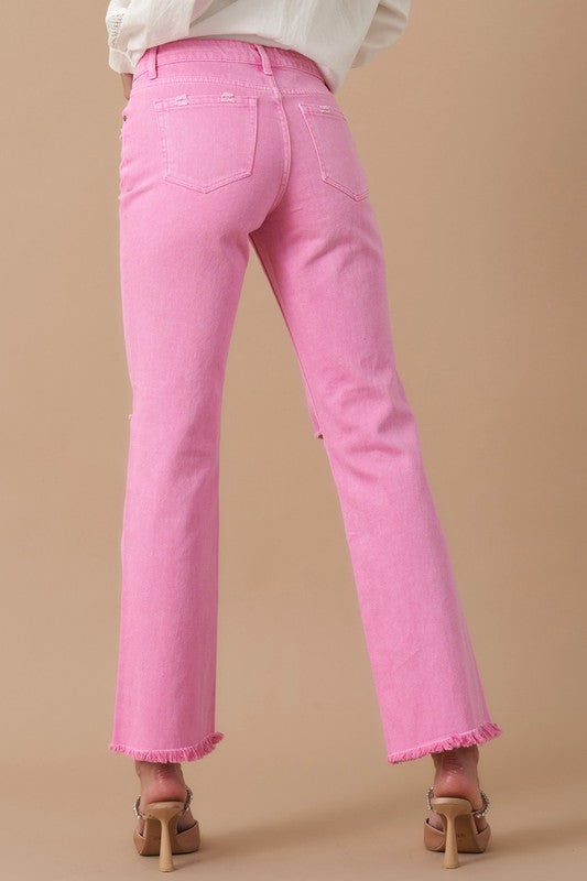 High Rise Slim Straight Denim Jeans - Pink