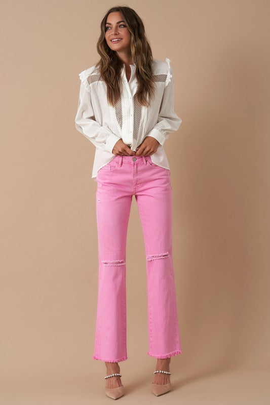 High Rise Slim Straight Denim Jeans - Pink