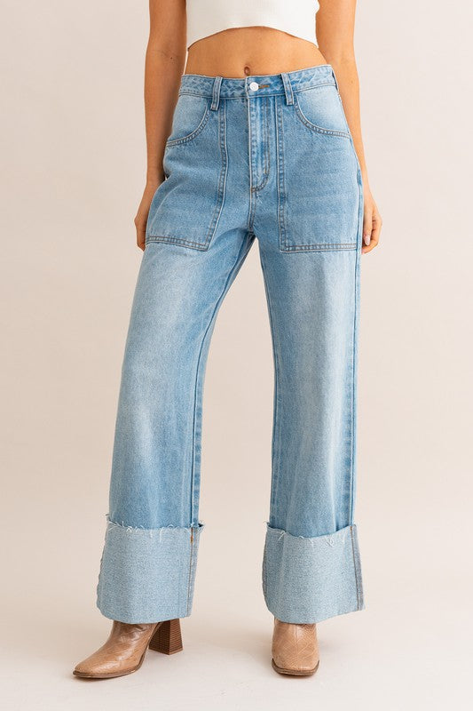 High-Waisted Wide Leg Cuffed Denim Jeans