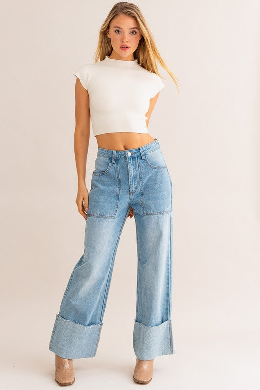 High-Waisted Wide Leg Cuffed Denim Jeans