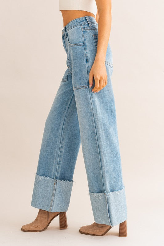 High-Waisted Wide Leg Cuffed Denim Jeans