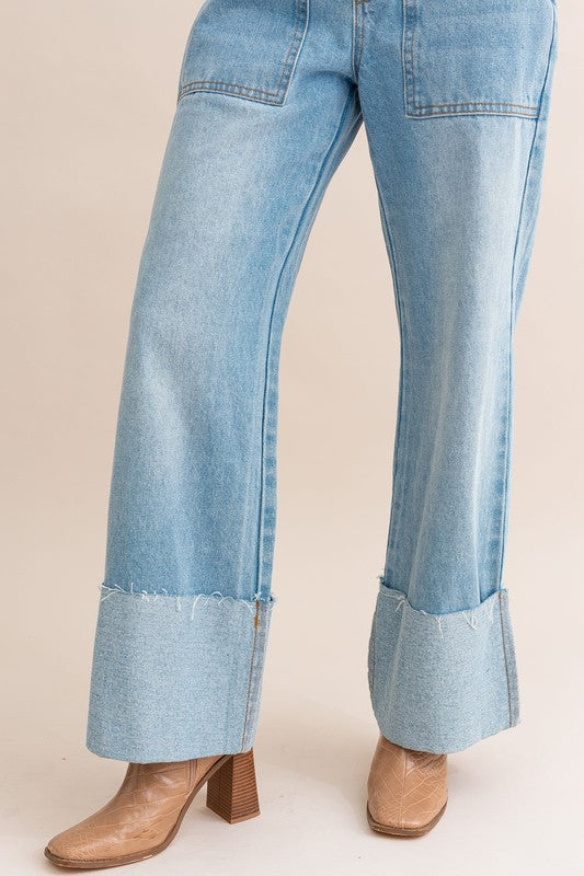 High-Waisted Wide Leg Cuffed Denim Jeans