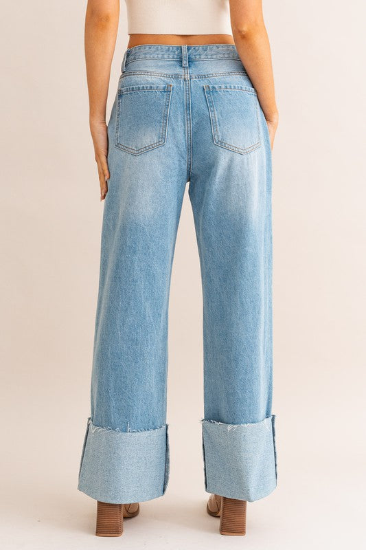High-Waisted Wide Leg Cuffed Denim Jeans