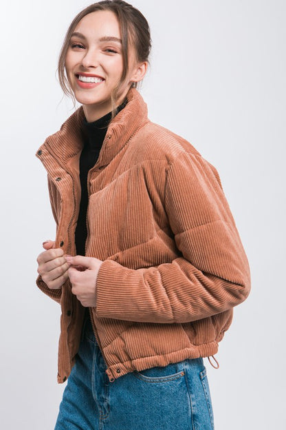 Corduroy Puffer Jacket with Toggle Detail