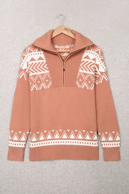 Pink Casual Geometric Knit Quarter Zip Sweater