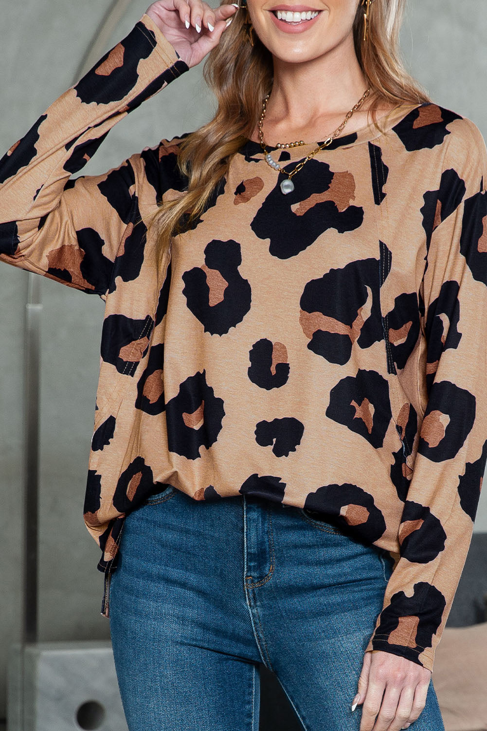 Leopard Print Drop Shoulder Pullover Long Sleeve Top