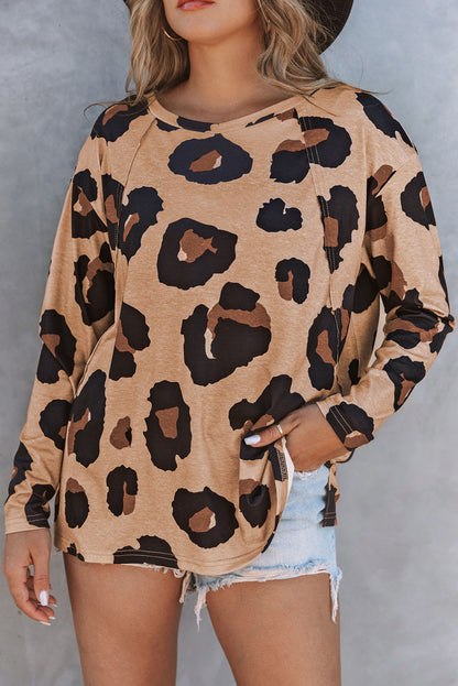 Leopard Print Drop Shoulder Pullover Long Sleeve Top