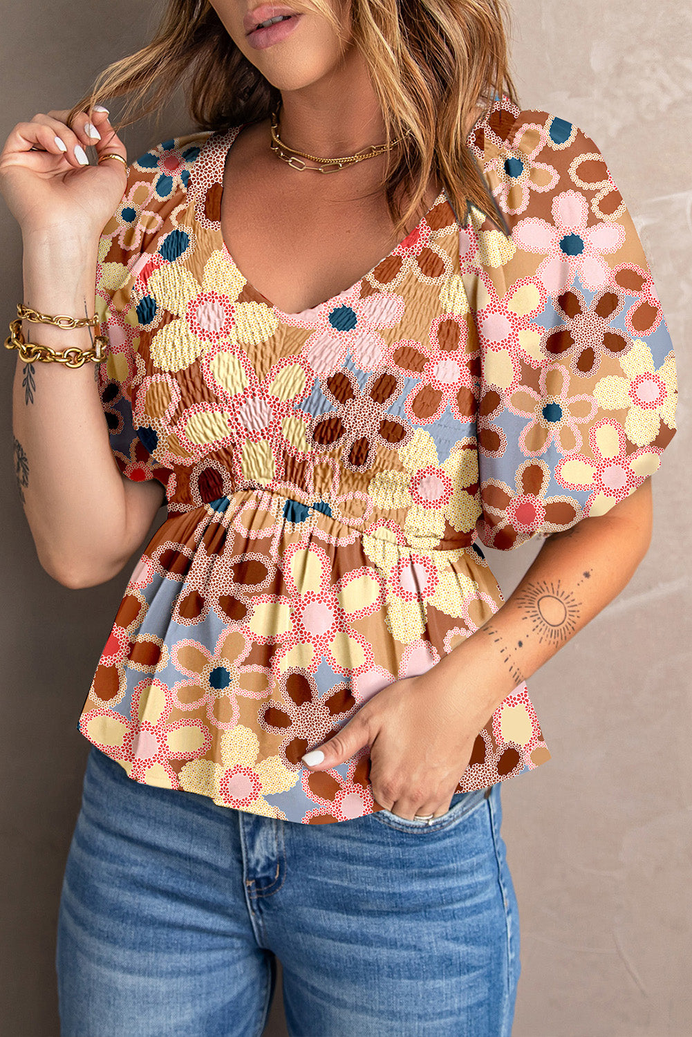 Smocked Printed V-Neck Half Sleeve Blouse