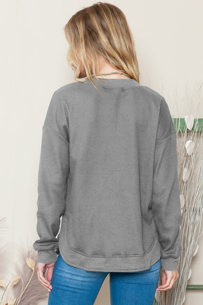 Grey Plain Crew Neck Ribbed Trim Waffle Knit Long Sleeve Top