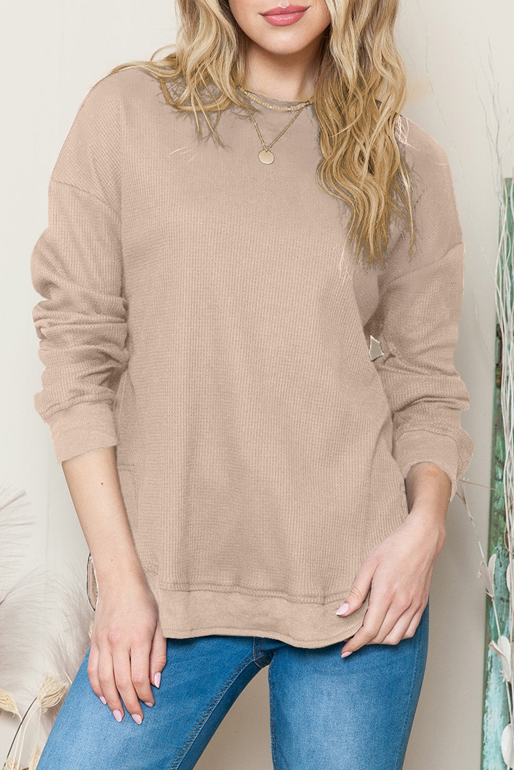 Grey Plain Crew Neck Ribbed Trim Waffle Knit Long Sleeve Top