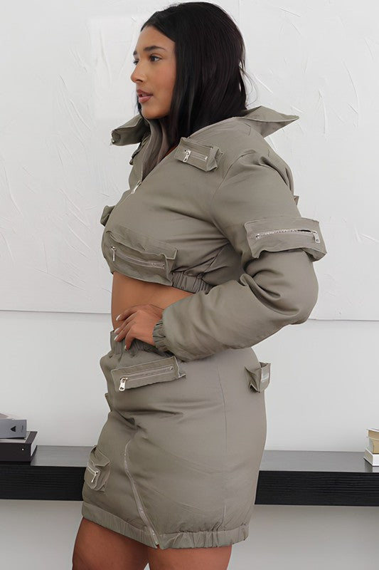 Puffer Jacket and Skirt Set - Olive Gray