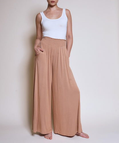 Bamboo Elastic Smock Waist Maxi Palazzo Pant