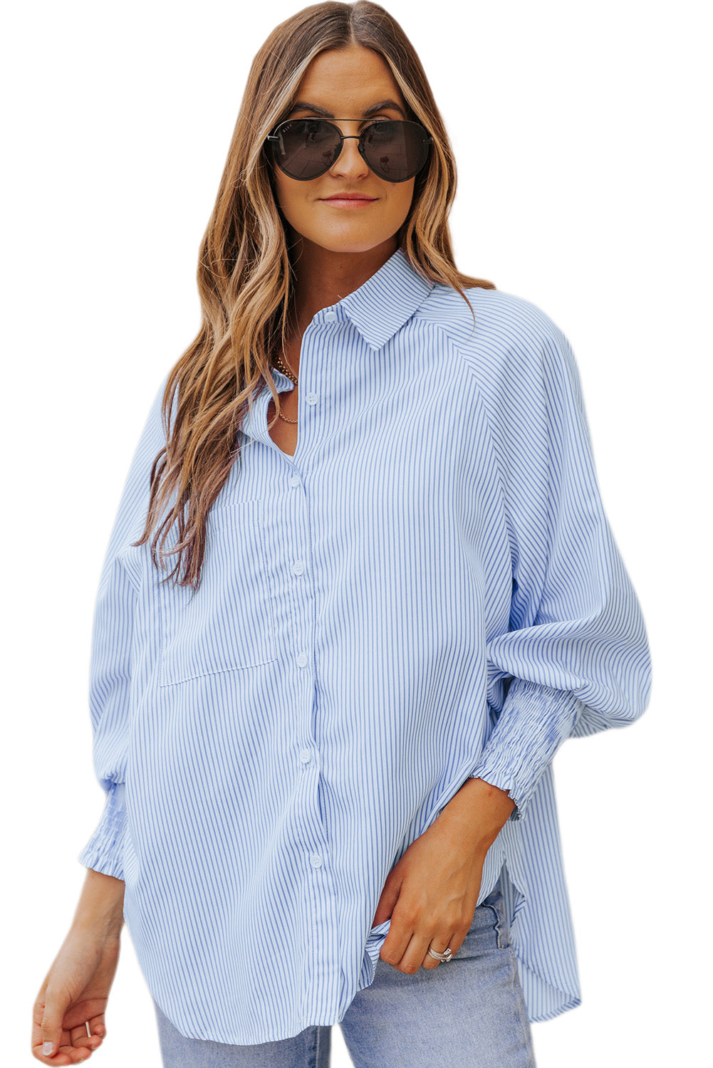 Black Striped Casual Shirred Cuffs Shirt