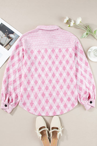 Plaid Collared Neck Long Sleeve Jacket - Light Pinkk