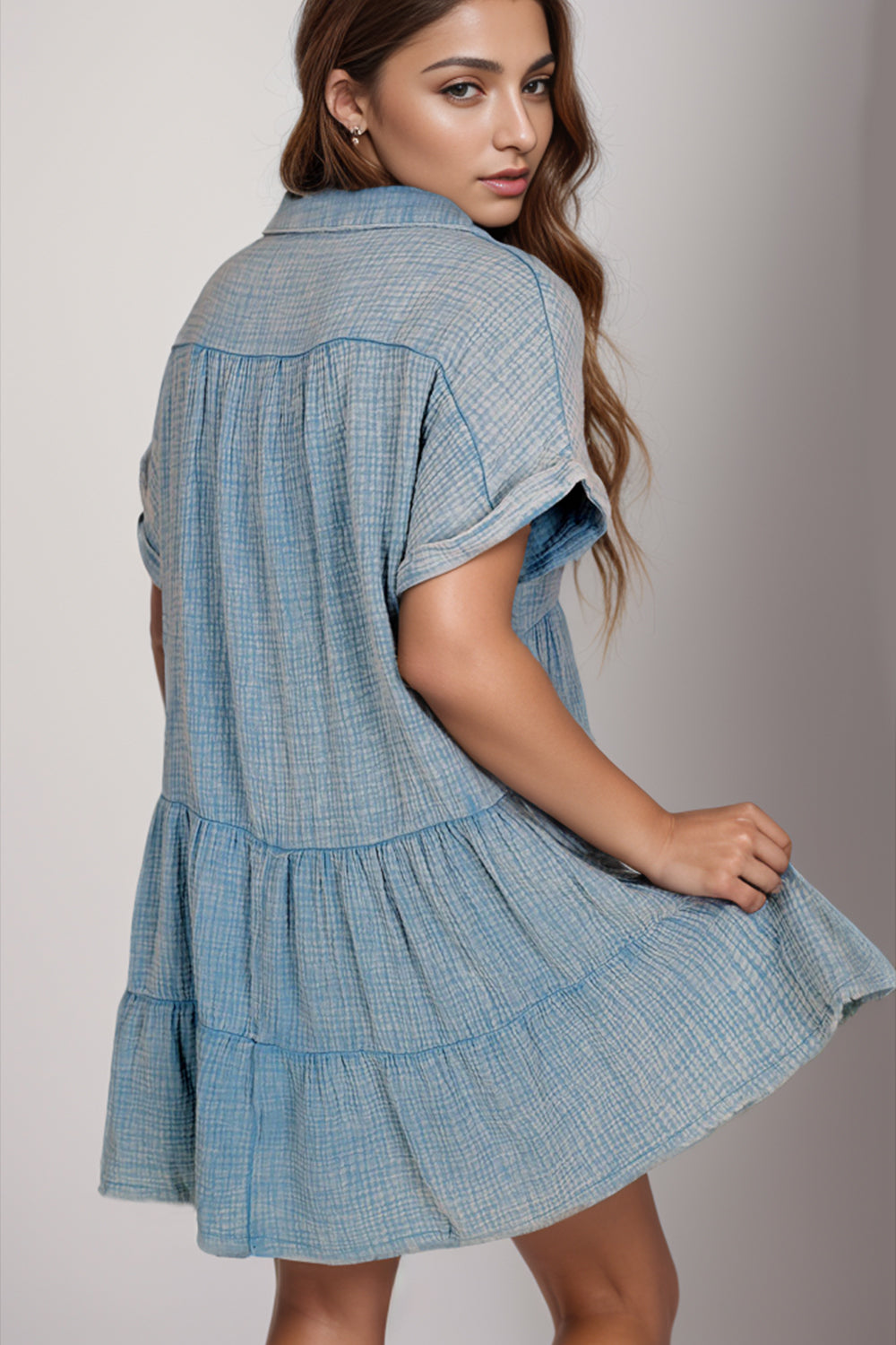 Cotton Tiered Notched Short Sleeve Dres