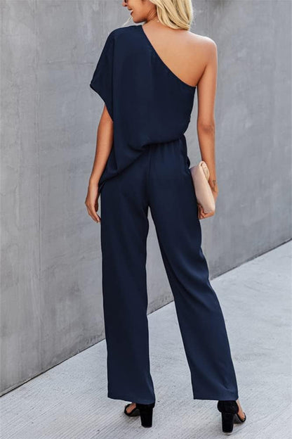 Single Shoulder Short Sleeve Jumpsuit - Black