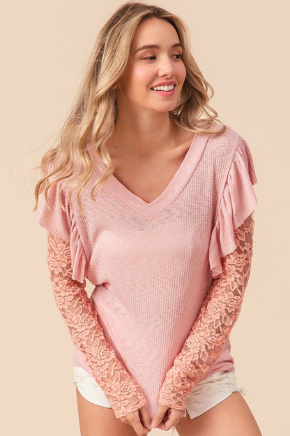 Ruffled Lace Sleeve Rib Knit Top