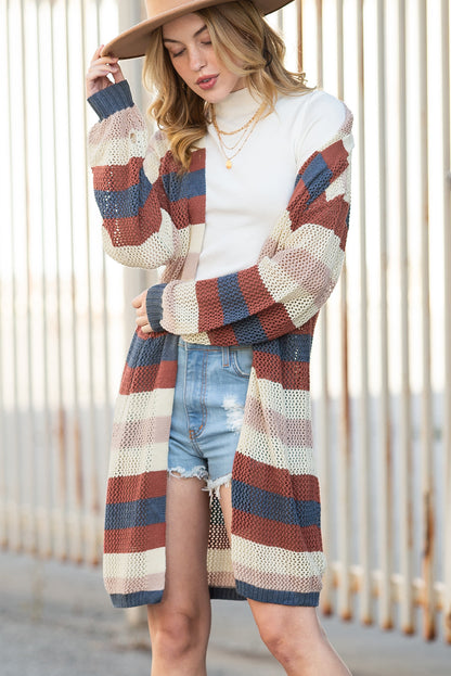 Black Striped Color Block Casual Hollow Cable Knit Cardigan