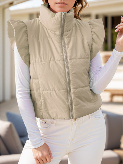 Pocketed Zip Up Cap Sleeve Jacket