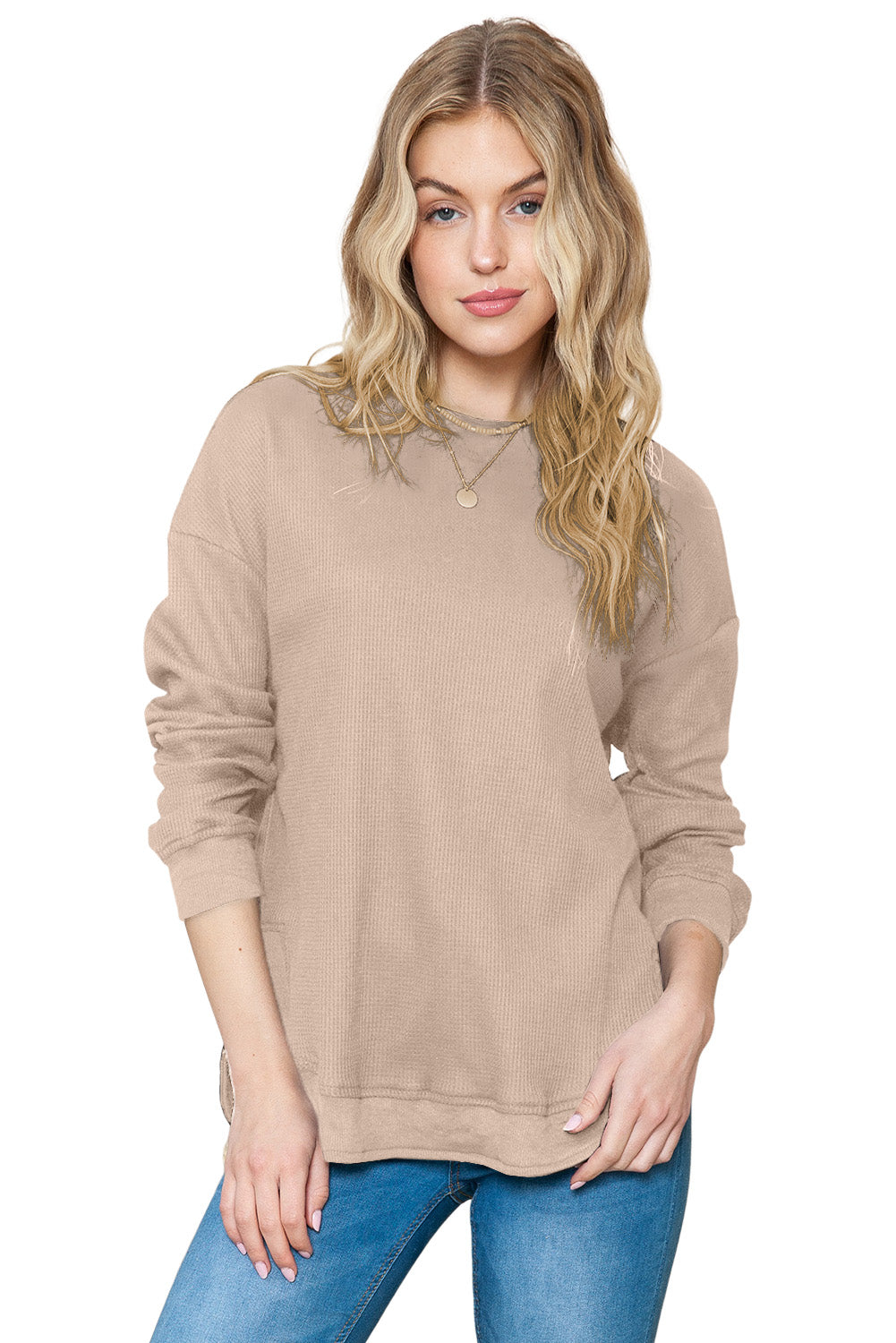 Grey Plain Crew Neck Ribbed Trim Waffle Knit Long Sleeve Top