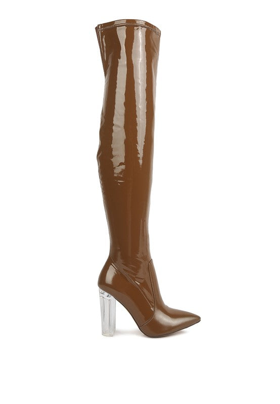 Elektra Over Knee High Clear Heel Patent Leather Boots