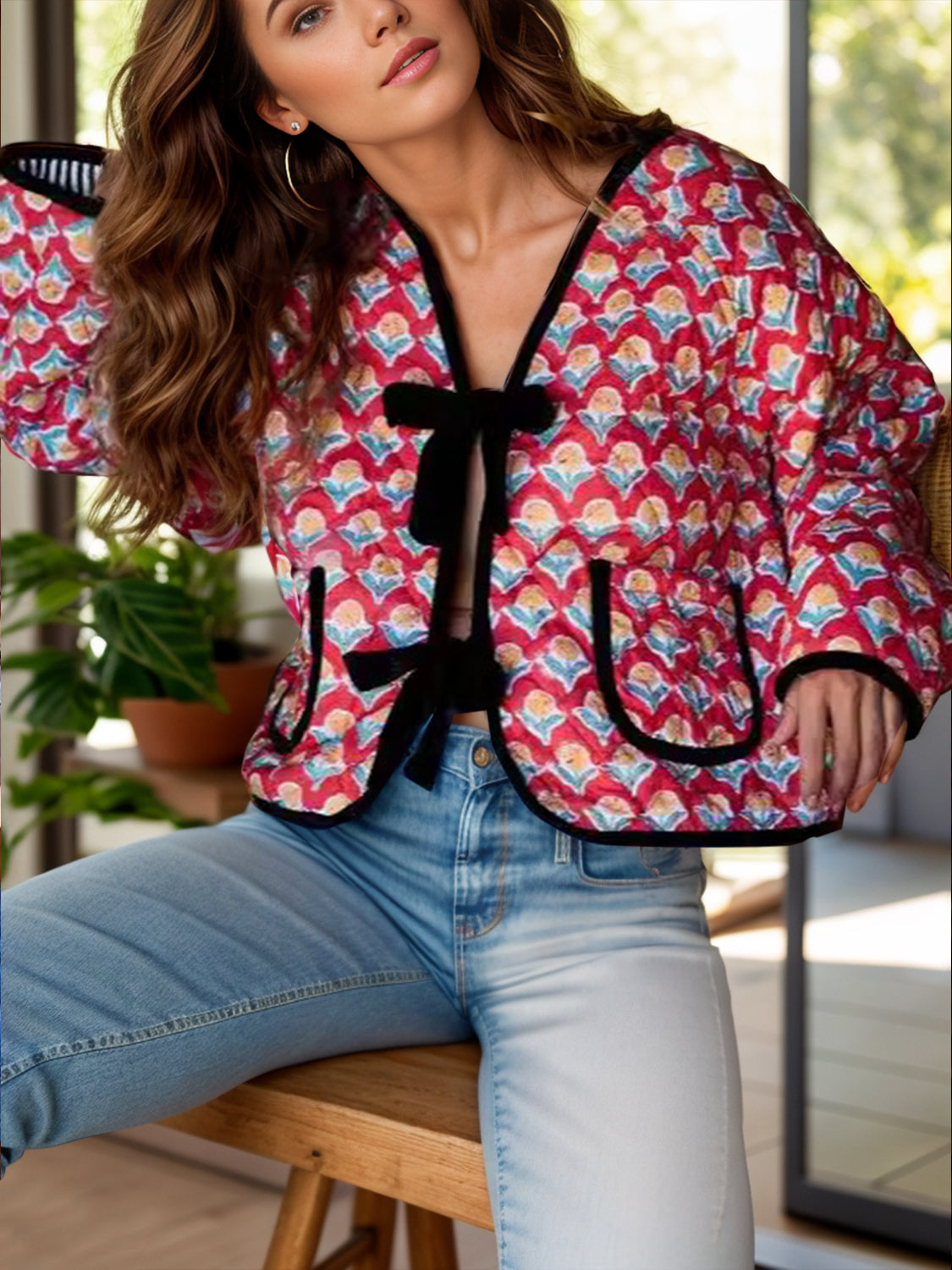 Tied Printed Long Sleeve Jacket (Sunrise Flower)