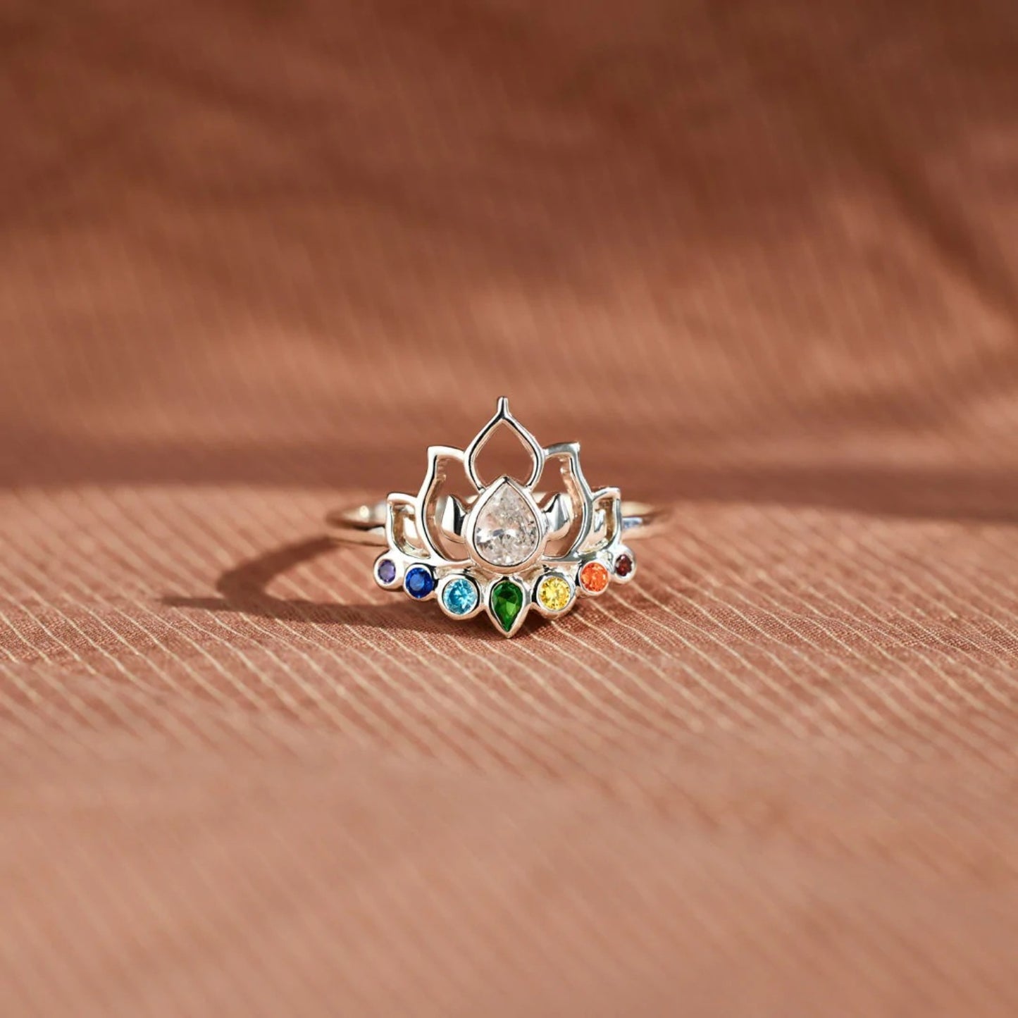 Rainbow Lotus 925 Sterling Silver Inlaid Zircon Lotus Shape Ring