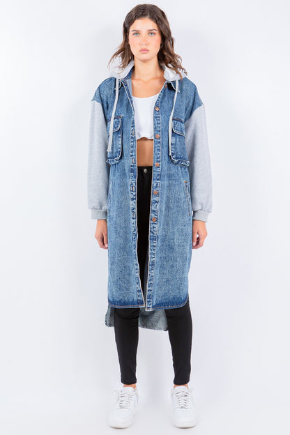 Contrast Longline Hooded Denim Jacket