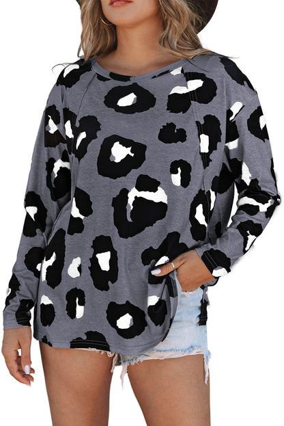 Leopard Print Drop Shoulder Pullover Long Sleeve Top