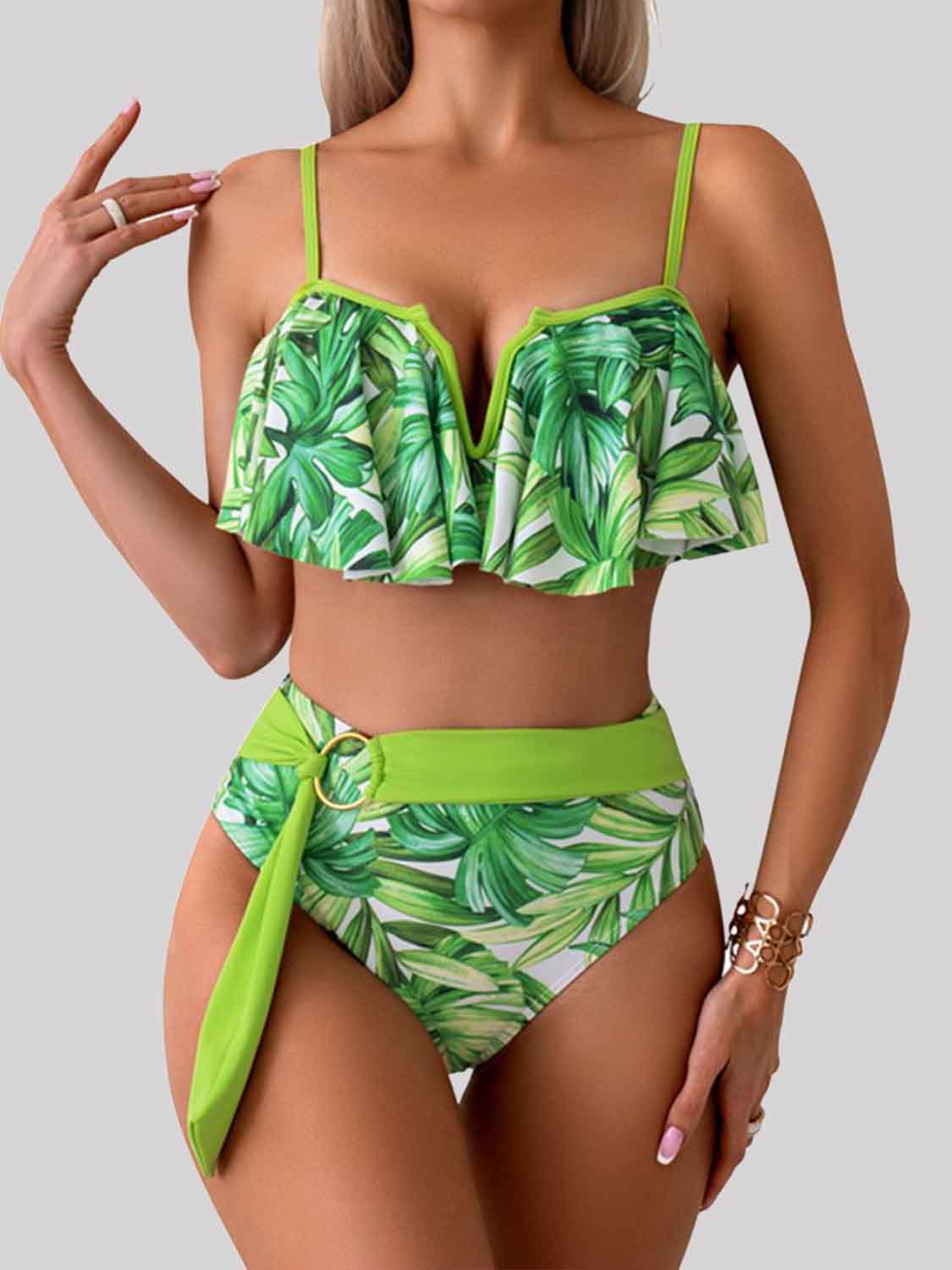 Spaghetti Strap Curtain Front Notched Bikini Set