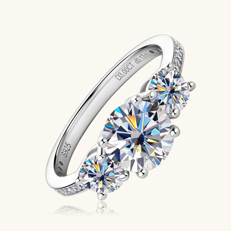 Three Stone 3 Carat Moissanite 925 Sterling Silver Ring