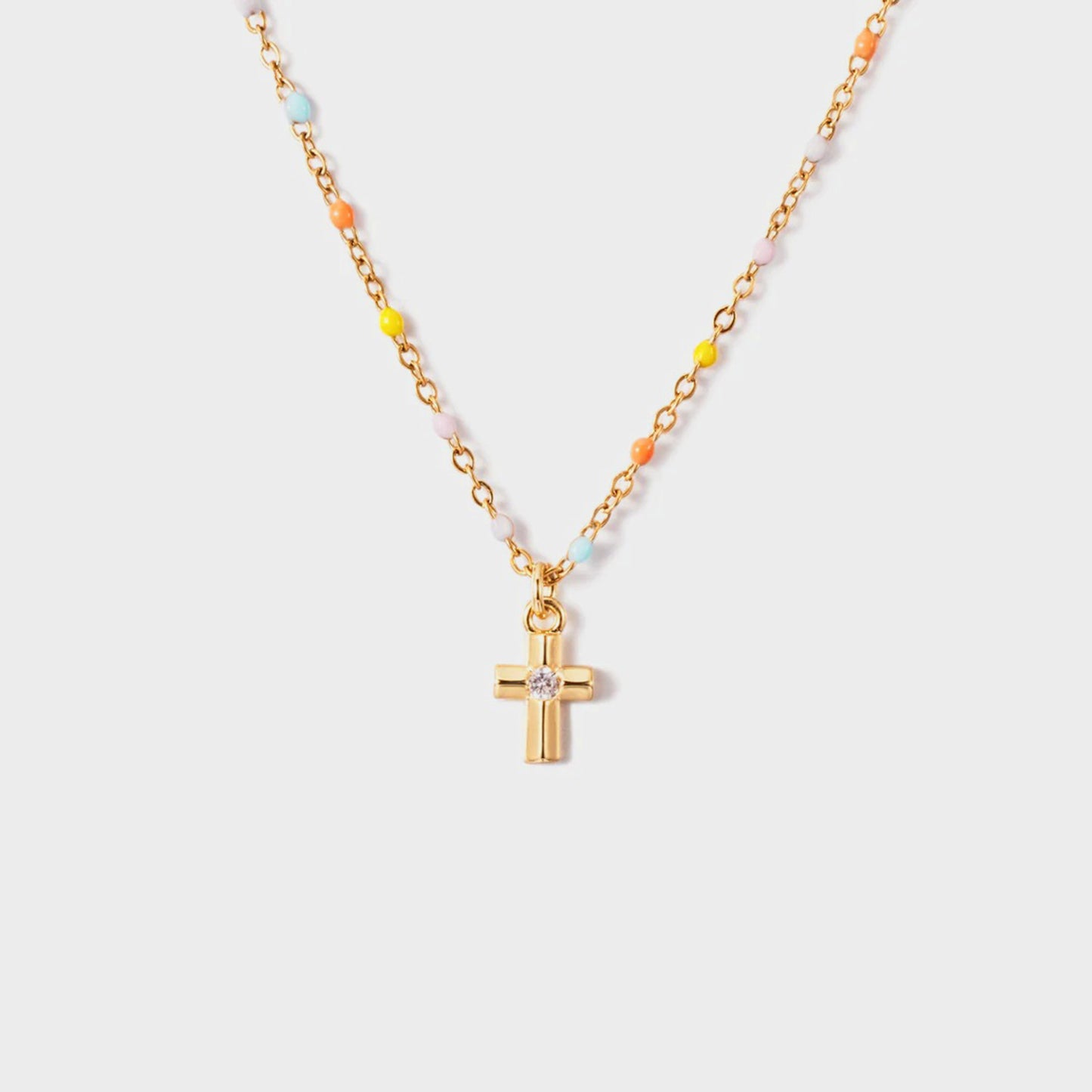 Cross Bead Multicolor Inlaid Zircon 18K Gold-Plated Necklace