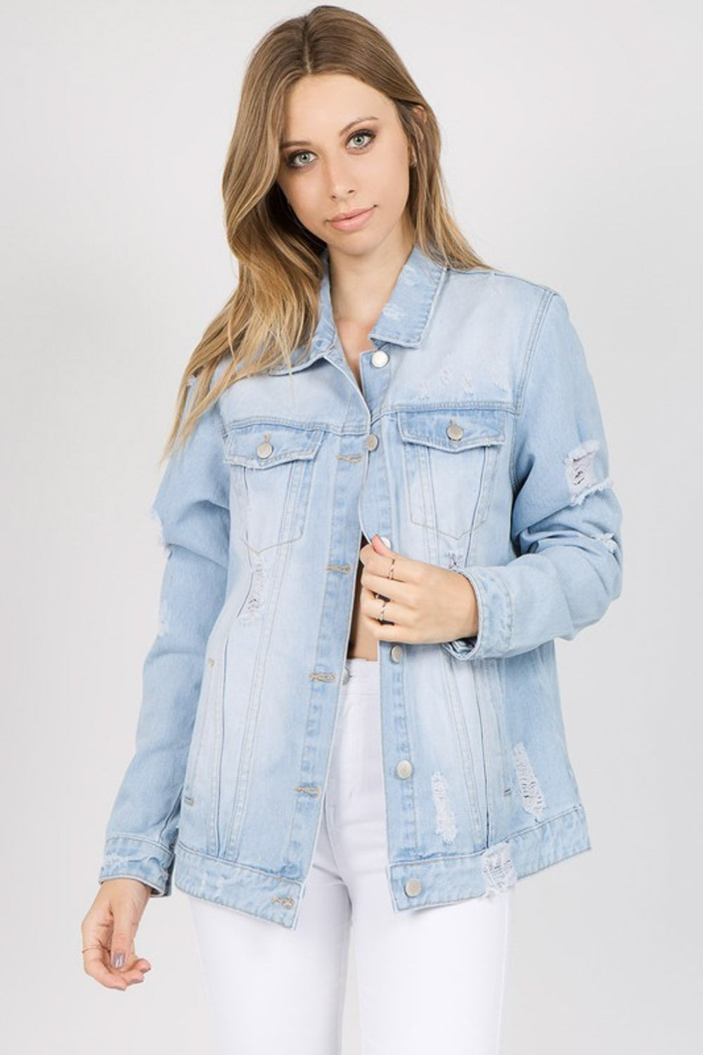 Fashion Tour Patched Distressed Denim Jacket