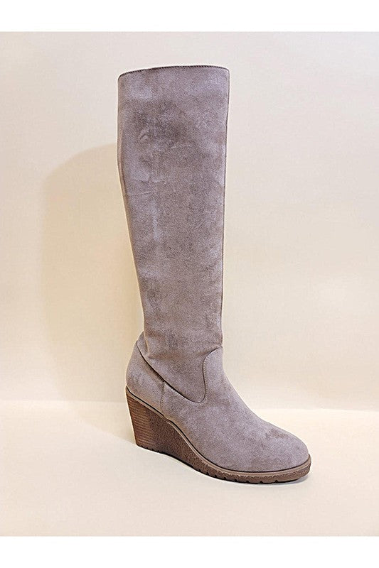 Robbi Eco-Suede Casual Knee-High Wedge Boot - Taupe